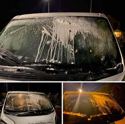 Organ installers van covered in flour in Maldon