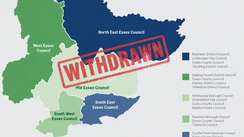 Map of 5 planned authorities in Essex with "Withdrawn" stamp across the map.